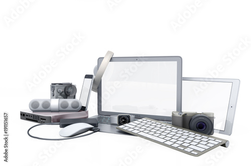 collection of consumer electronics 3D render on white background no shadow
