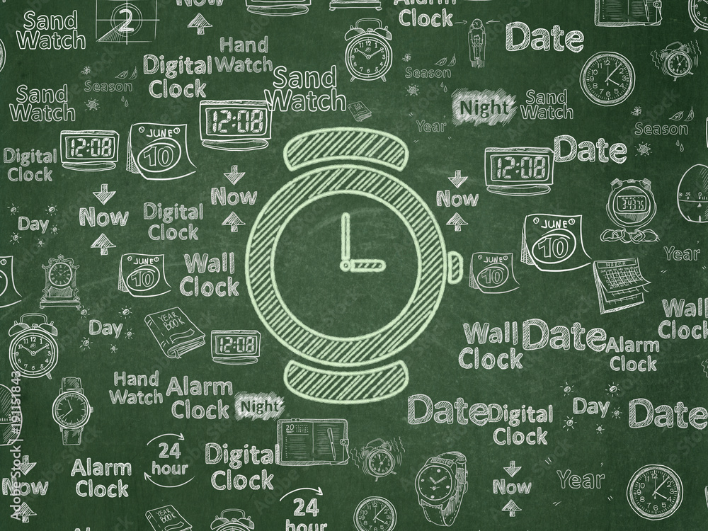 Timeline concept: Chalk Green Hand Watch icon on School board background with  Hand Drawing Time Icons, School Board
