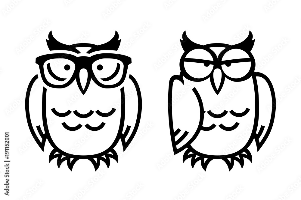 Funny owls, hand drawn vector illustration in comic style, isolated on white.
