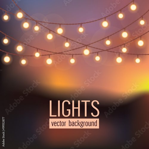 Set of glowing string lights on abstract evening sky background. Vector illustration