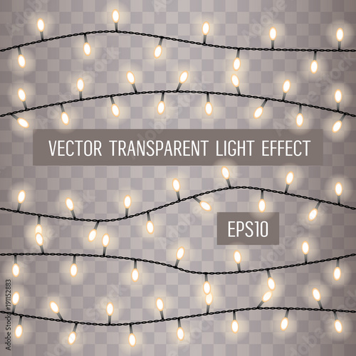 Set of overlapping, glowing string lights on a transparent background. Vector illustration