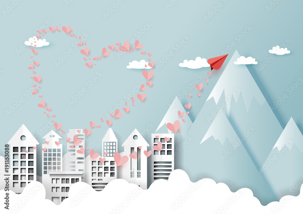 Paper art style of valentine's day greeting card and love concept.Red paper airplane flying on urban city landscape with mountains, clouds and blue sky.Vector illustration.