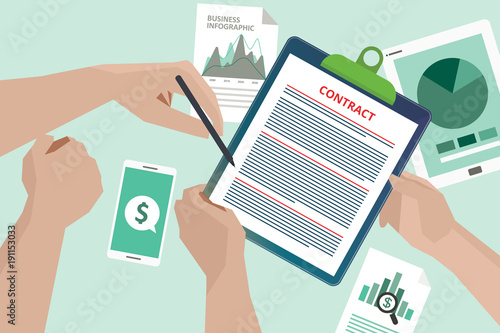 Signed paper deal contract icon agreement pen on desk flat