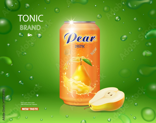 Pear juice poster. Pear drink in a can advertising design