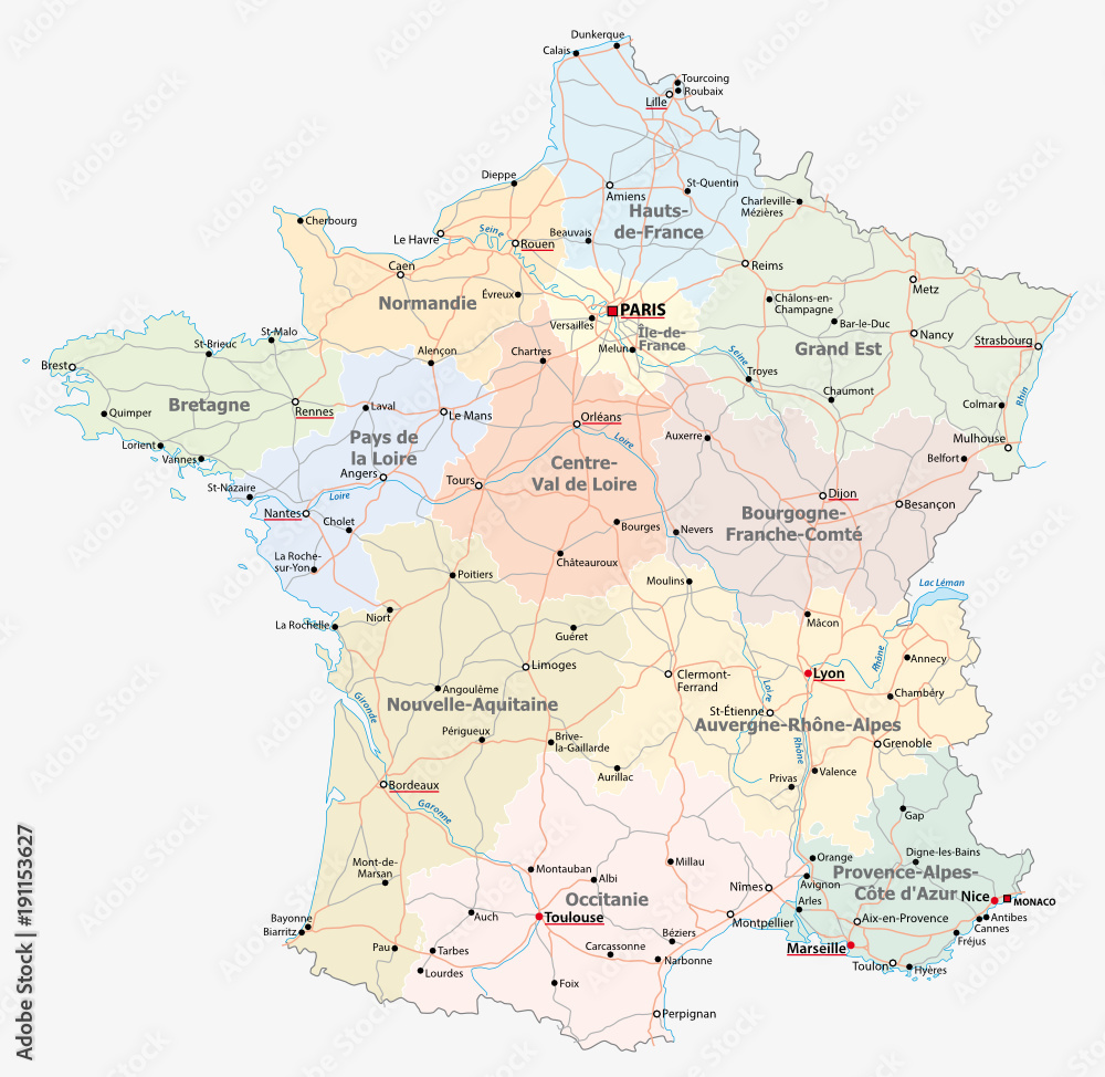 france road, administrative and political vector map