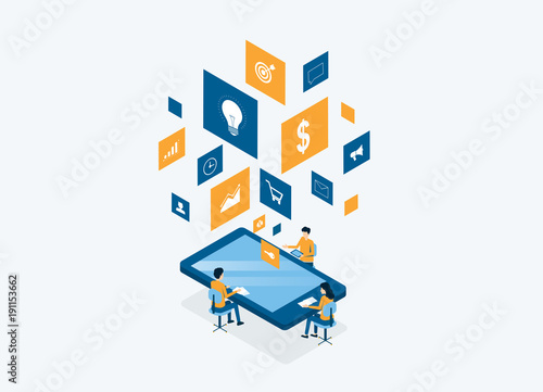 vector business teamwork meeting and brainstorm and mobile application development and design process concept 