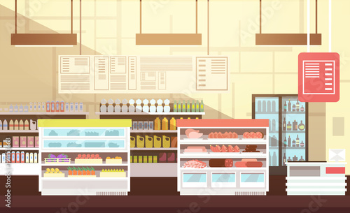 Modern super market empty interior flat vector illustration