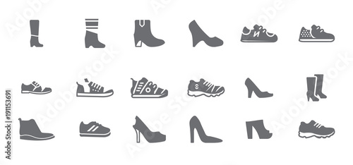 Variety of shoes and woman shoes isolated flat vector icon set