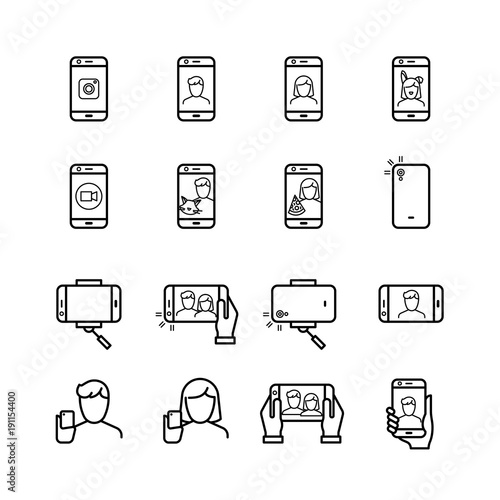 Selfie photo, people take photo with smartphone and monopod line vector icons