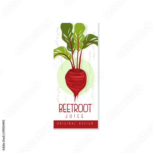Colorful vertical label for organic beetroot juice. Healthy drink. Fresh vegetarian beverage. Hand drawn vector design for promo flyer, card or banner