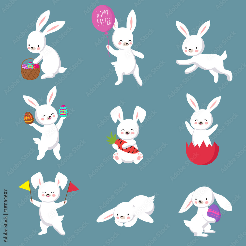 Easter cute happy bunny rabbit vector characters set
