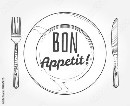 Dinner plate with knife and fork. Doodle sketch tableware and dish. Restaurant vector poster