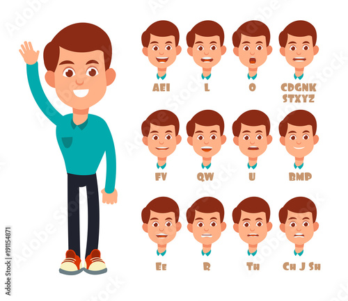 Talking lips sync animation. Cartoon vector speaking mouth and boy portrait isolated