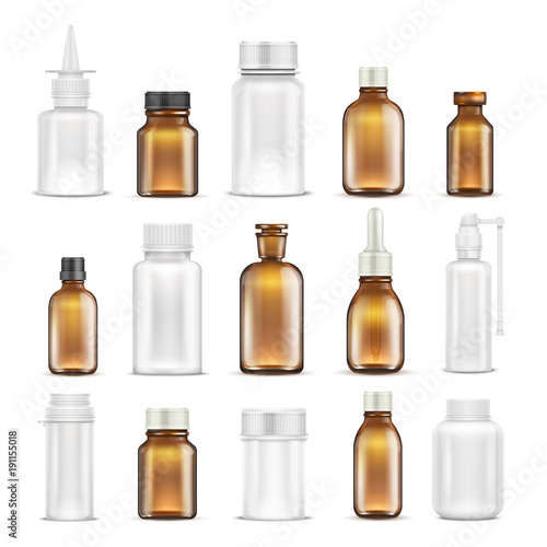 Medicine glass and plastic blank bottles isolated vector set