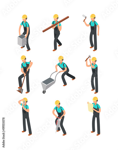 Builder workers, construction professionals isolated 3d people vector set