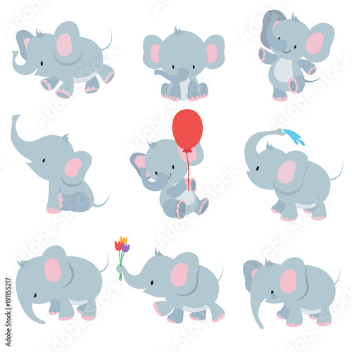 Cute cartoon baby elephants. Animals african safari animals vector set