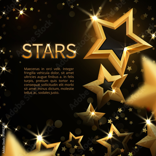 Shiny sparkling gold stars on black abstract holiday magic vector background