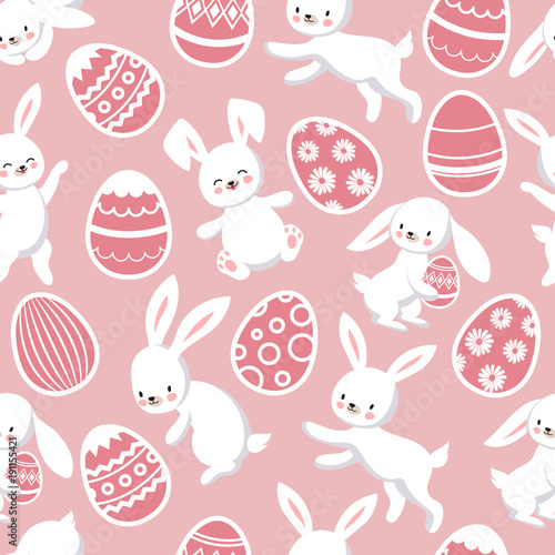Happy Easter vector seamless patten with cute cartoon bunny rabbits