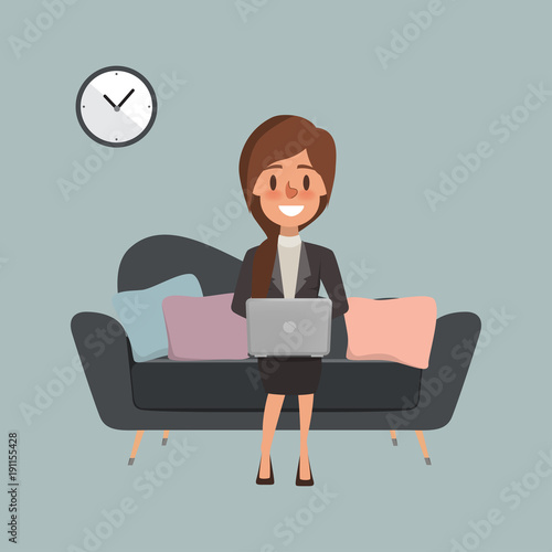 business woman working character on sofa in room. people in hard working.