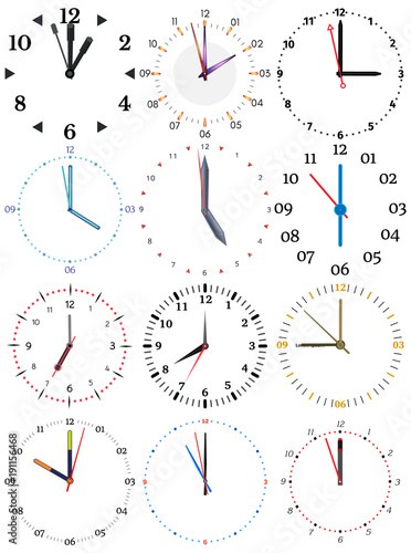 A set of different mechanical clocks with an image of each of the twelve hours. Clock face on white background. 