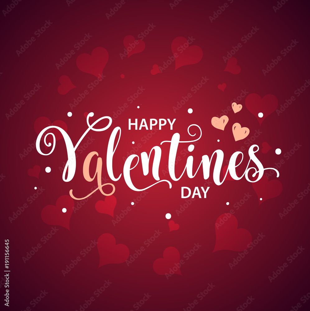 Beautiful lettering calligraphy white text with shadow. Calligraphy inscription Happy Valentine's Day hearts boke blurred on a red pink background. Vector illustration