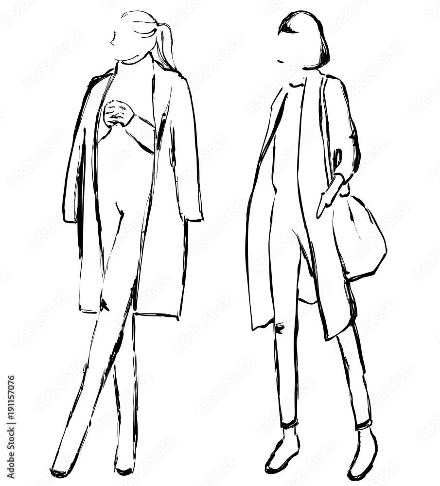Female jacket and skirt, sketch, hand drawn • wall stickers outline,  design, elegant | myloview.com