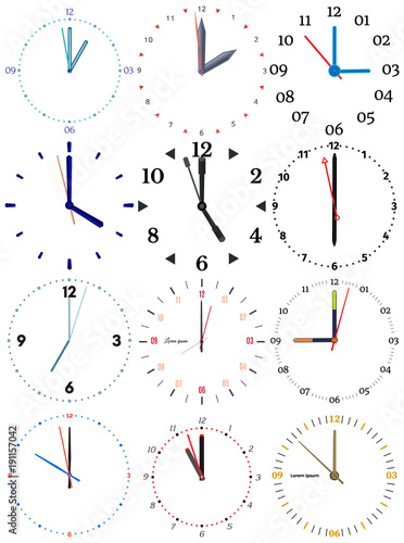 A set of different mechanical clocks with an image of each of the twelve hours. Clock face on white background. 