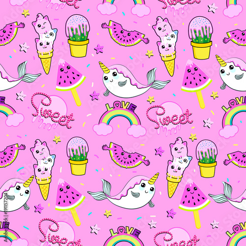 Abstract seamless ice cream pattern. Creative vector kids background with ice cream  cute eyes  cactus  stars  rainbow. Funny kids pattern for textile and fabric. Fashion ice cream pattern style.