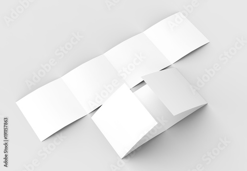 Square four folded - 4-Fold - brochure mock-up isolated on soft gray background. 3D illustrating.