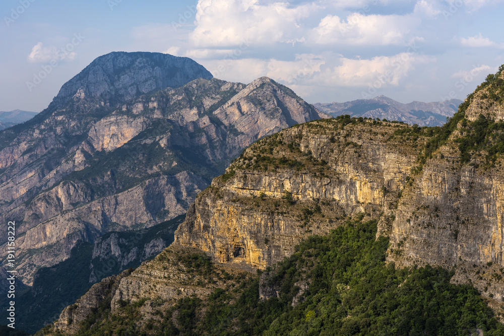 Albanian mountain panorama in warm evening light, between Theth mountain village and the remote Vermosh village, Albania, Europe
