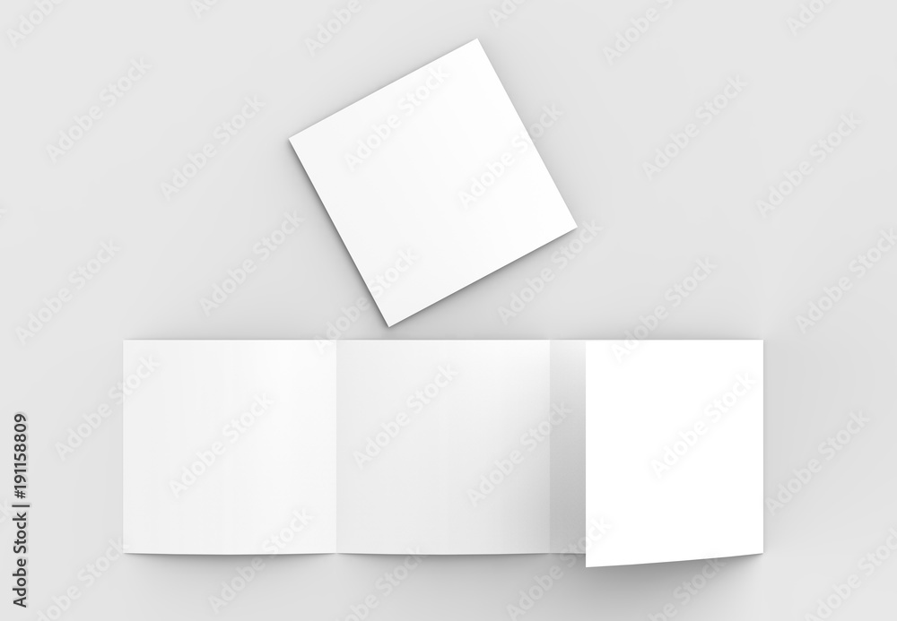 Square four folded - 4-Fold - brochure mock-up isolated on soft gray background. 3D illustrating. Square four folded - 4-Fold - brochure mock-up isolated on soft gray background. 3D illustrating.