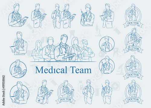 Set of nurse. Set of doctor standing in a different pose. Doctor with stethoscope. Nurse day. Health Care. Young doctor in uniform. Medicine. Doctors dressed in uniform and stethoscope. Female doctor.