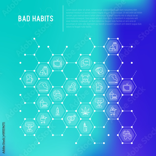 Bad habits concept in honeycombs with thin line icons: abuse, alcoholism, cigarette, marijuana, drugs, fast food, poker, promiscuity, tv, video games. Modern vector illustration.