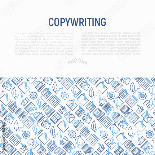 Copywriting concept with thin line icons: letter, e-mail, book, blogging, hand with pen, feather, typewriter, article, seo. Modern vector illustration for web page template, banner.