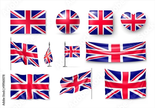 Set United Kingdom flags, banners, banners, symbols, flat icon. Vector illustration of collection of national symbols on various objects and state signs