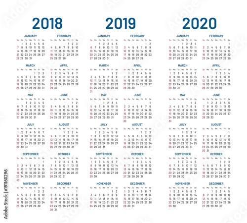 Year 2018 2019 2020 calendar vector design template. Compound planner with blue letters and numbers on a white background. Vector illustration