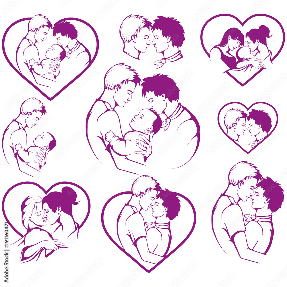 Fototapeta premium Set of homosexual. Gay couple. LGBT pride. Happy Homosexual family. Same-sex marriage.