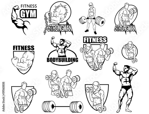 Sport set. Fitness center. Gym emblem. Fitness logo. Health Center logo. Shield vector logo design template. Body care. Body-building.