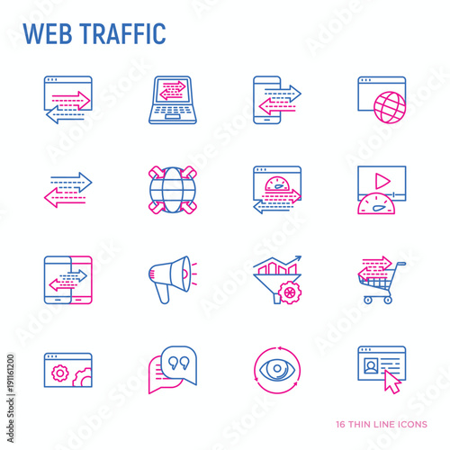 Web traffic thin line icons set: SEO technology, data exchange, sync, click, mobile backup, traffic speed, sales growth. Modern vector illustration. 