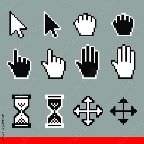 Vector pixel computer cursor icons set. Arrow, pointer, palm, drag, move, hourglass, hand cursor. Black and white EPS 10 illustrations.