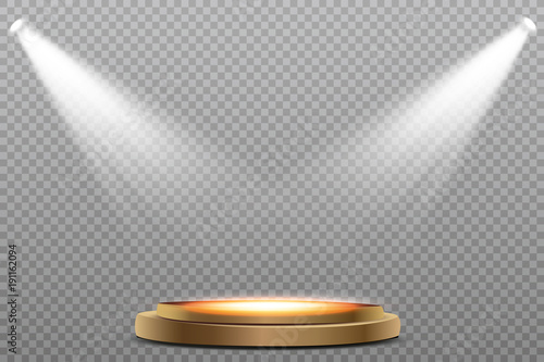 Round podium, pedestal or platform illuminated by spotlights on white background. Stage with scenic lights. Vector illustration.
