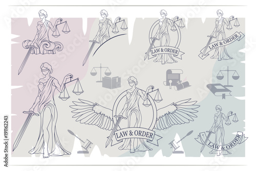 Justice Set. Femida -lady of justice. Lady Lawyer logo. Themis emblem. Law And Order Company Vector Logo Design Template. photo