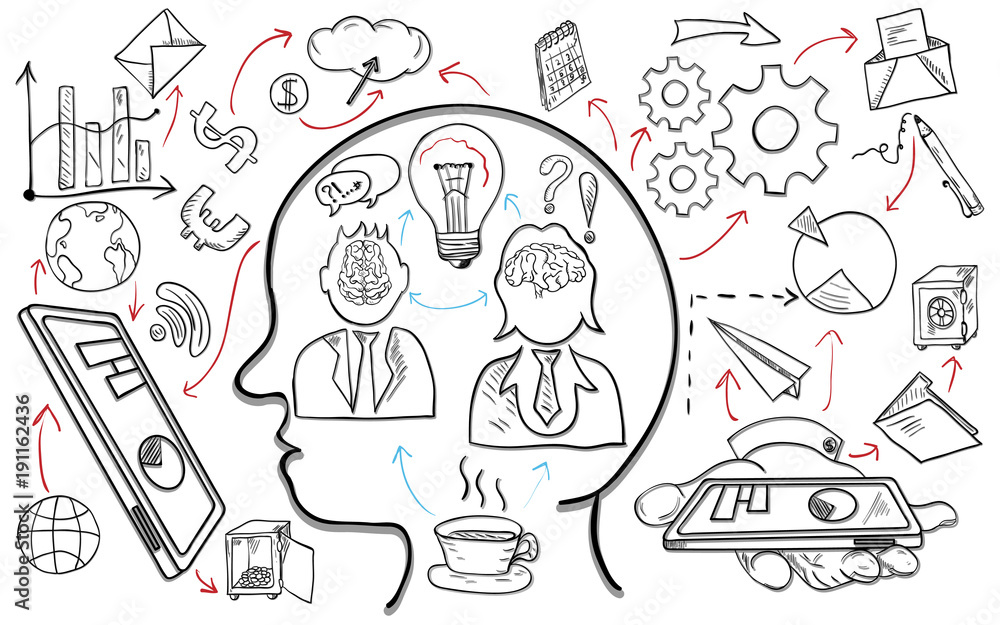 outline drawing of icons and symbols for business on white background outline drawing of icons and symbols for business on white background