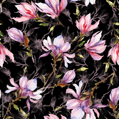 Pink magnolia flowers on a twig on black background. Seamless pattern. Watercolor painting.