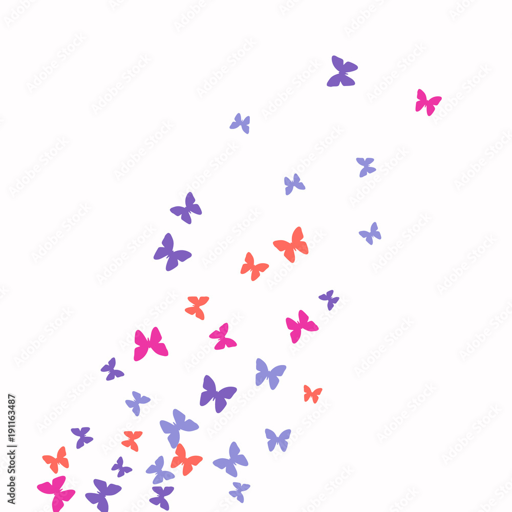 Spring Background with Colorful Butterflies. Simple Feminine Pattern for Card, Invitation, Print. Trendy Decoration with Beautiful Butterfly Silhouettes. Vector Background with Moth