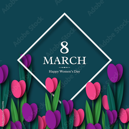 March 8 greeting card for International Womans Day. Paper cut tulips. Vector illustration.