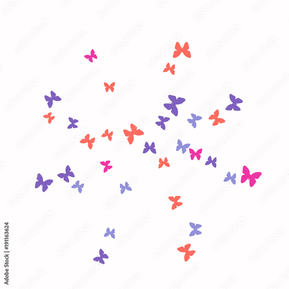 Spring Background with Colorful Butterflies. Simple Feminine Pattern for Card, Invitation, Print. Trendy Decoration with Beautiful Butterfly Silhouettes. Vector Background with Moth