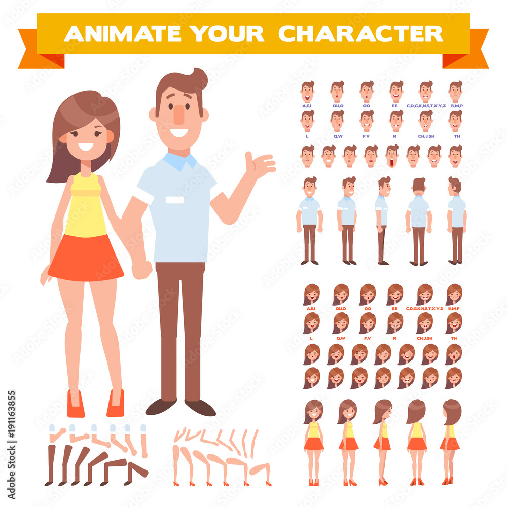 Front, side, back view animated characters. Man and woman characters creation set with various views, hairstyles, face emotions. Cartoon style, flat vector illustration.