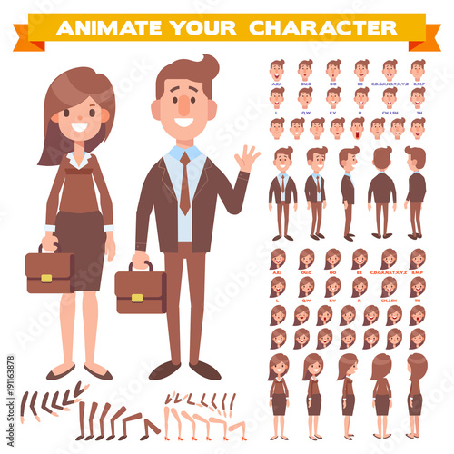 Front, side, back view animated characters. Business man and business woman creation set with various views, face emotions, poses. Cartoon style, flat vector illustration.