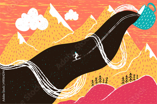 Vector illsutration with the skier who goes down the flow of coffee, tea or hot chocolate.